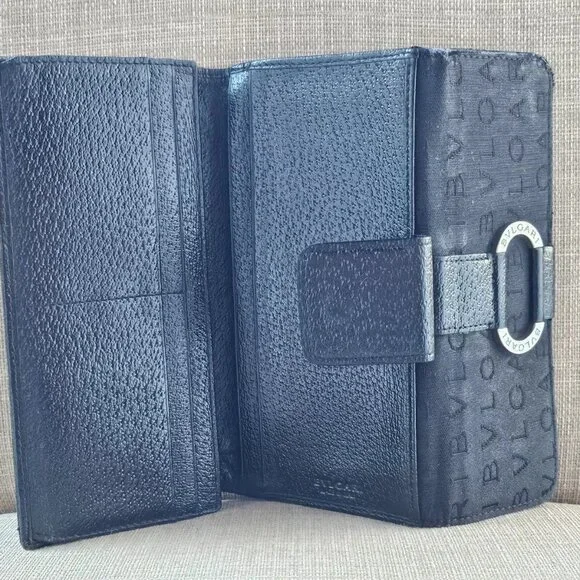 BVLGARI Clutch Long Wallet Card Holder Black Leather/Canvas Bag Purse Made Italy - Picture 6 of 14